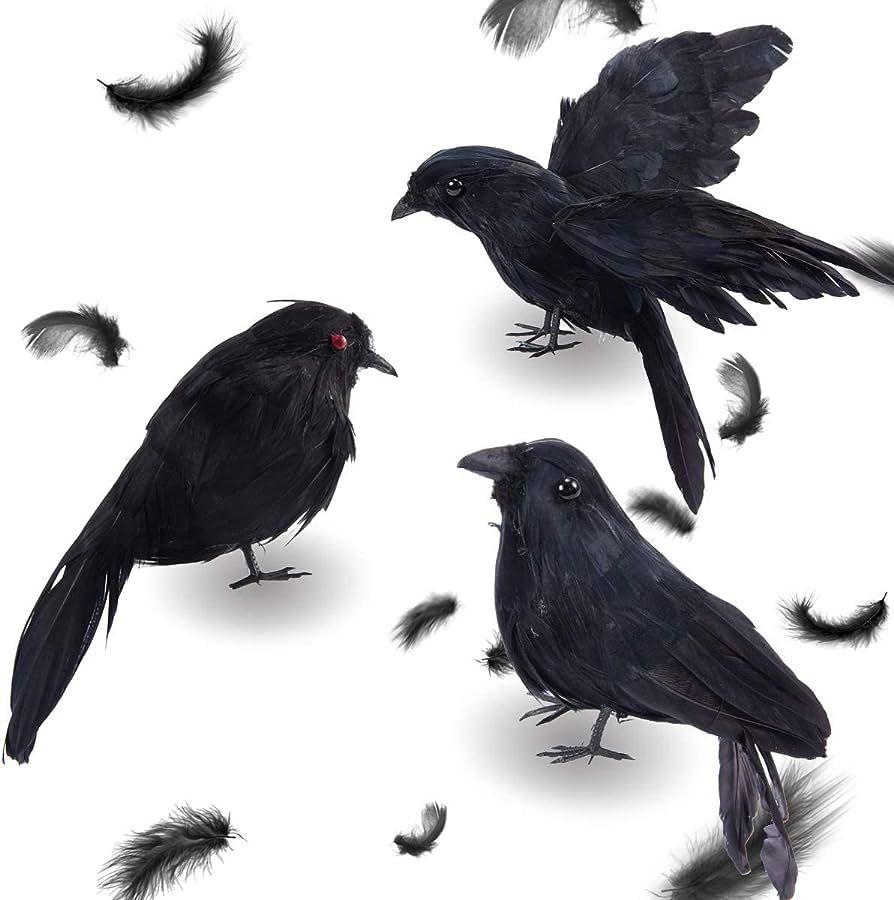 3 Pack Raven Decor - Halloween Decor Fake Crows Black Birds Ornaments, Realistic Looking Handmade... | Amazon (US)