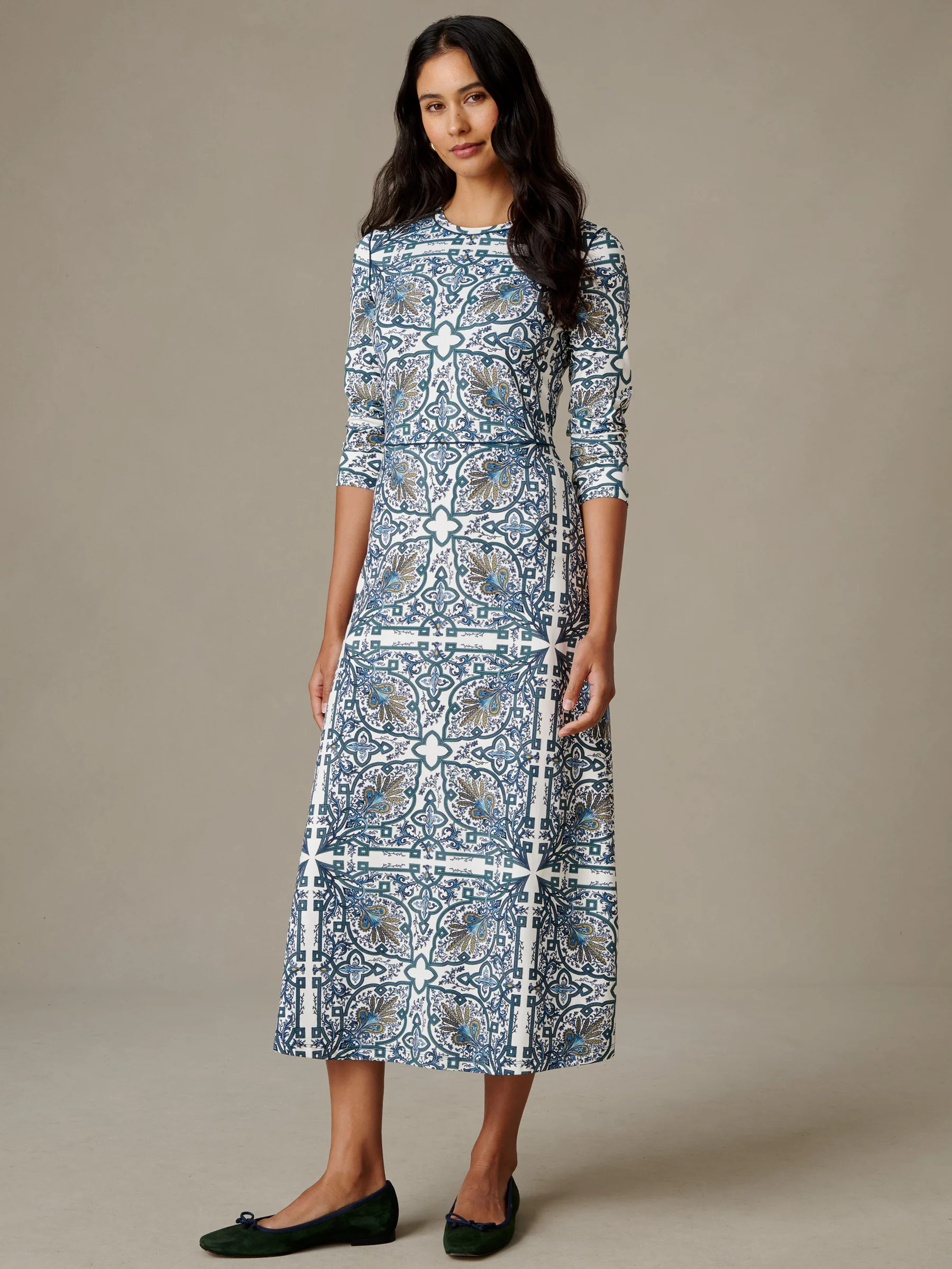 Off_White/Green Baroque Medallion Georgina Dress | Women's Dresses | J.McLaughlin | J.McLaughlin