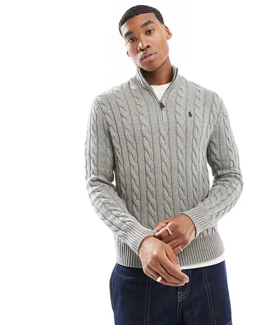 Polo Ralph Lauren icon logo half zip cotton cable knit jumper in grey marl | ASOS (Global)