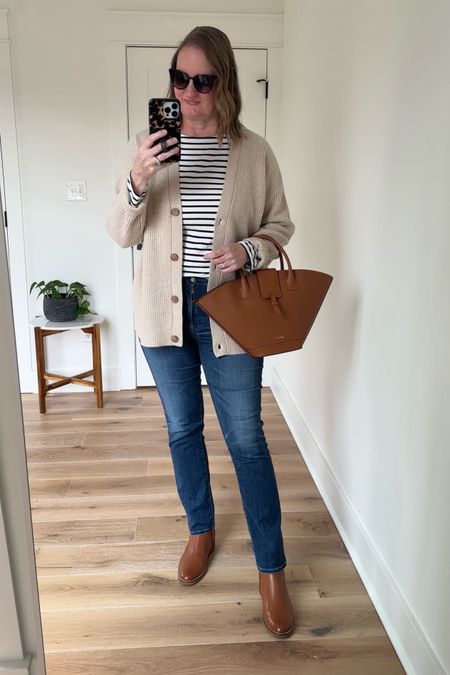 Winter essentials outfit of the day 

Jenni Kayne Coccon Cardigan (sized down to Small)
Boden Breton striped tee
AG Mari Jeans
Cole Haan booties
Paris/64 Lumiere Bag