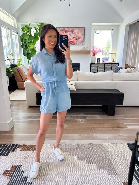 Blue short sleeve romper in size XS  paired with leather sneakers for a summer casual look. Love this romper because it’s so comfy and light for the summertime! Can be dressed up with sandals, too. I love the drawcord waist and pockets 

#LTKStyleTip #LTKSeasonal