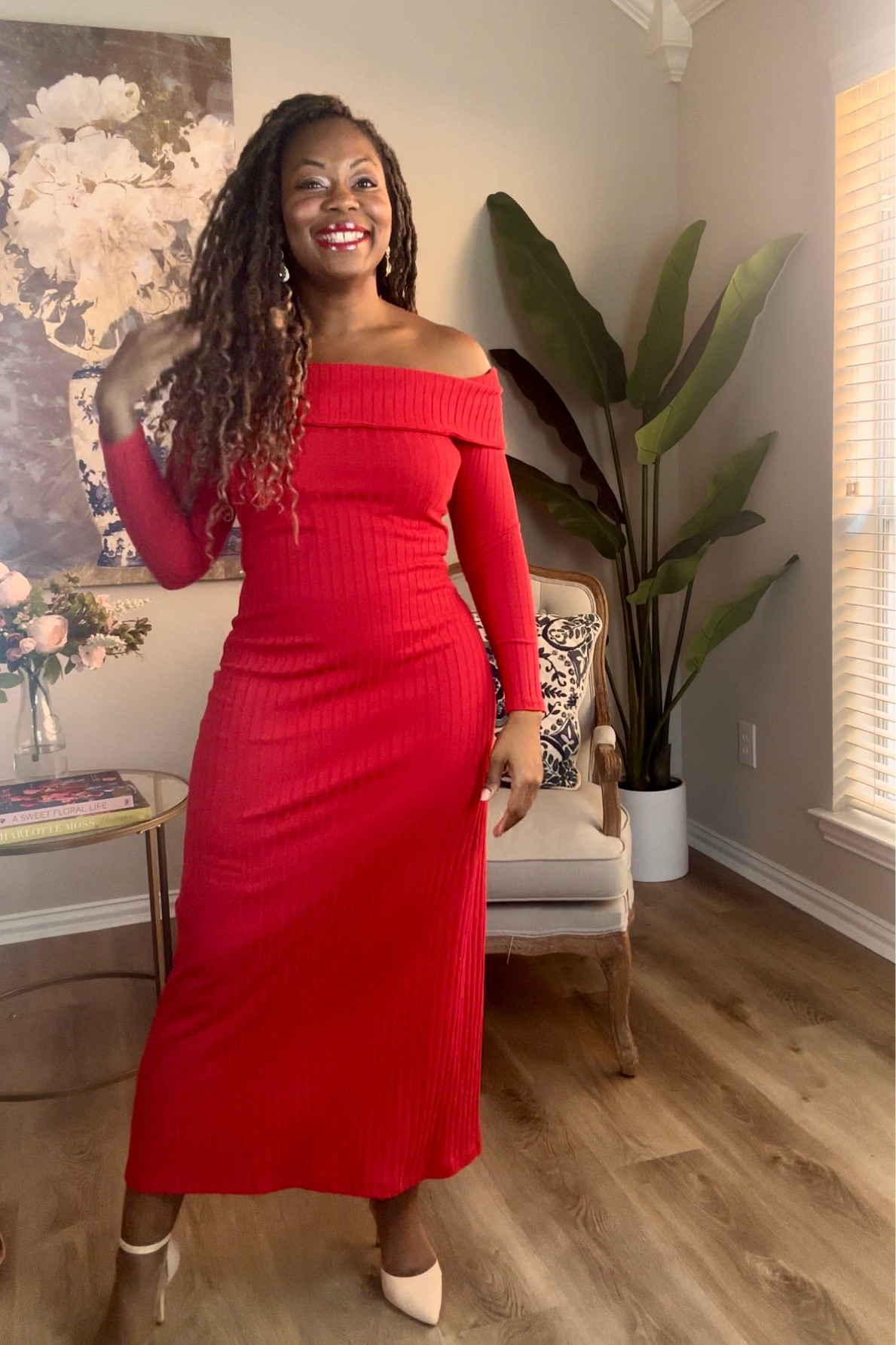 red off the shoulder sweater dress Bubble Sleeve Maternity  PinkBlush perfect for date nights Ladies - Red Rib-Knit Off-the-Shoulder