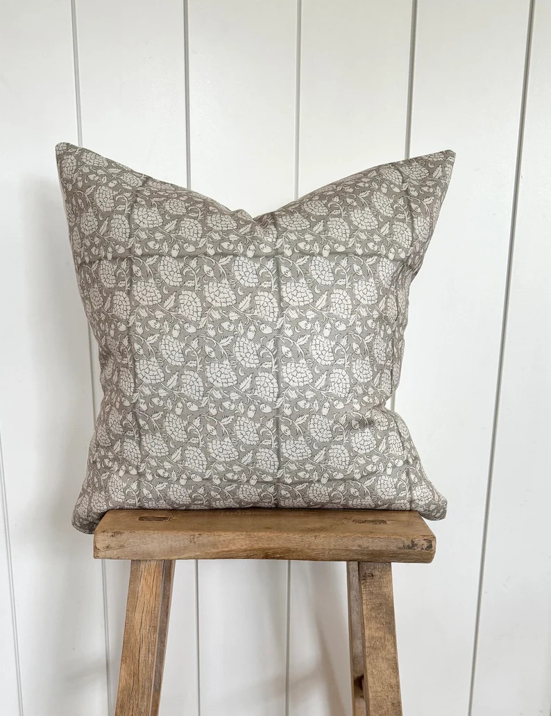 Gray Cream Block Print Pillow Cover Grey Designer Fabric Modern Farmhouse Neutral Home Decor 18x1... | Etsy (US)