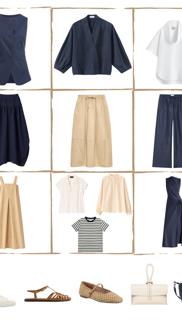 Japan, carry-on only.
The reason it works? Skirts.
They give you range without weight—so you can pack less and still have room to shop.
***Some of these pieces are not on LTK:
MODERN CITIZEN Amelia Asymmetric-Neck Navy Wrap Dress
 TOAST Navy Linen Silk Wrap Shirt
HABITS STUDIO Pleat Front Yellow Midi Dress
MINI MIOCHE stripe top 

Packing Sudoku 