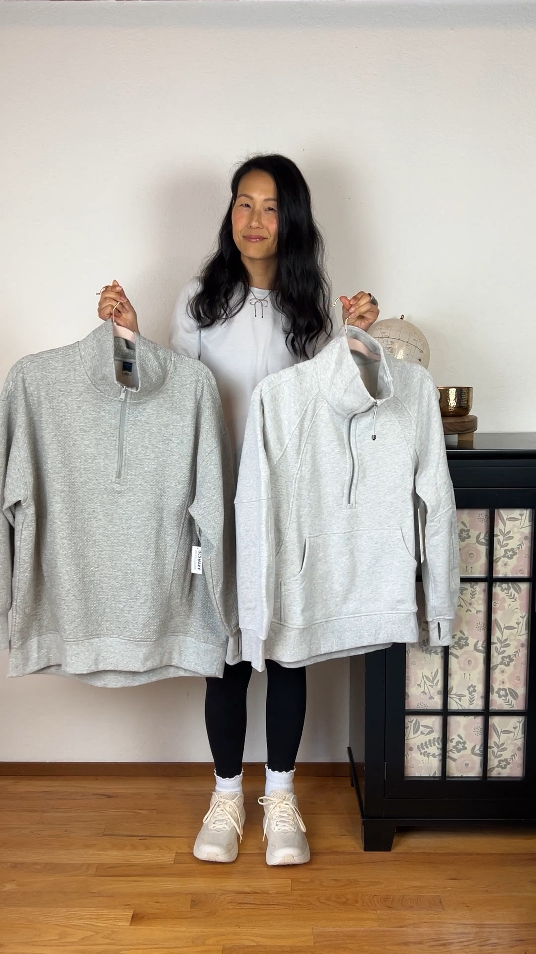Old Navy quarter zip tunic sweatshirt, on left, wearing large but would prefer medium 
Lululemon scuba quarter zip, wearing XS/S, would prefer M/L for a more oversized fit
#LTKCyberWeek

#LTKmomlife #LTKOver40