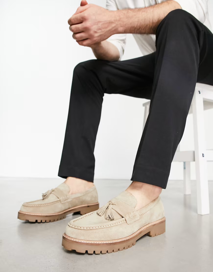Walk London Sean tassel chunky loafers in beige suede-Neutral | ASOS (Global)