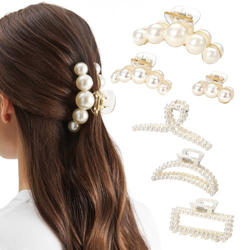 CWJCYTNSN 6 PCS Hair Clips for Women Large Hair Claw Clips for Thin Thick Curly Hair Styling Pearl Jaw Clips Strong Hold Nonslip Fashion Hair Accessories for Bridal Wedding | Amazon (US)