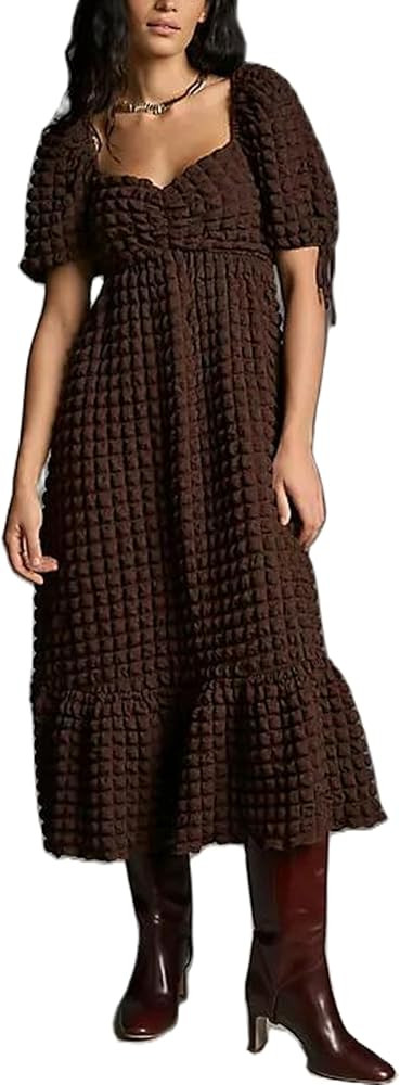 Women Bubble Textured Maxi Dress Puff Sleeve Sweetheart Long Dress Y2k Smocked Summer Sun Dress | Amazon (US)