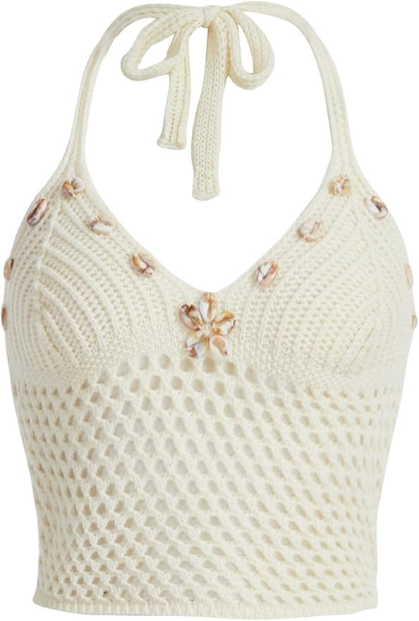 Verdusa Women's Halter Tops Boho Summer Crochet Shell Appliques Cami Shirts Tie Back Knit Crop To... | Amazon (US)