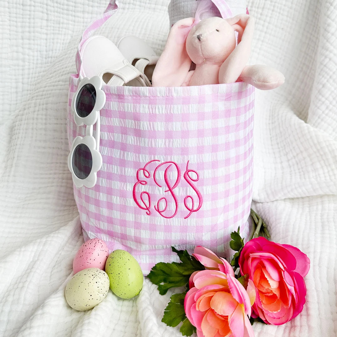 Cute Monogrammed Gingham Easter Basket Embroidered Preppy Easter Basket Kids Easter Basket Person... | Etsy (US)