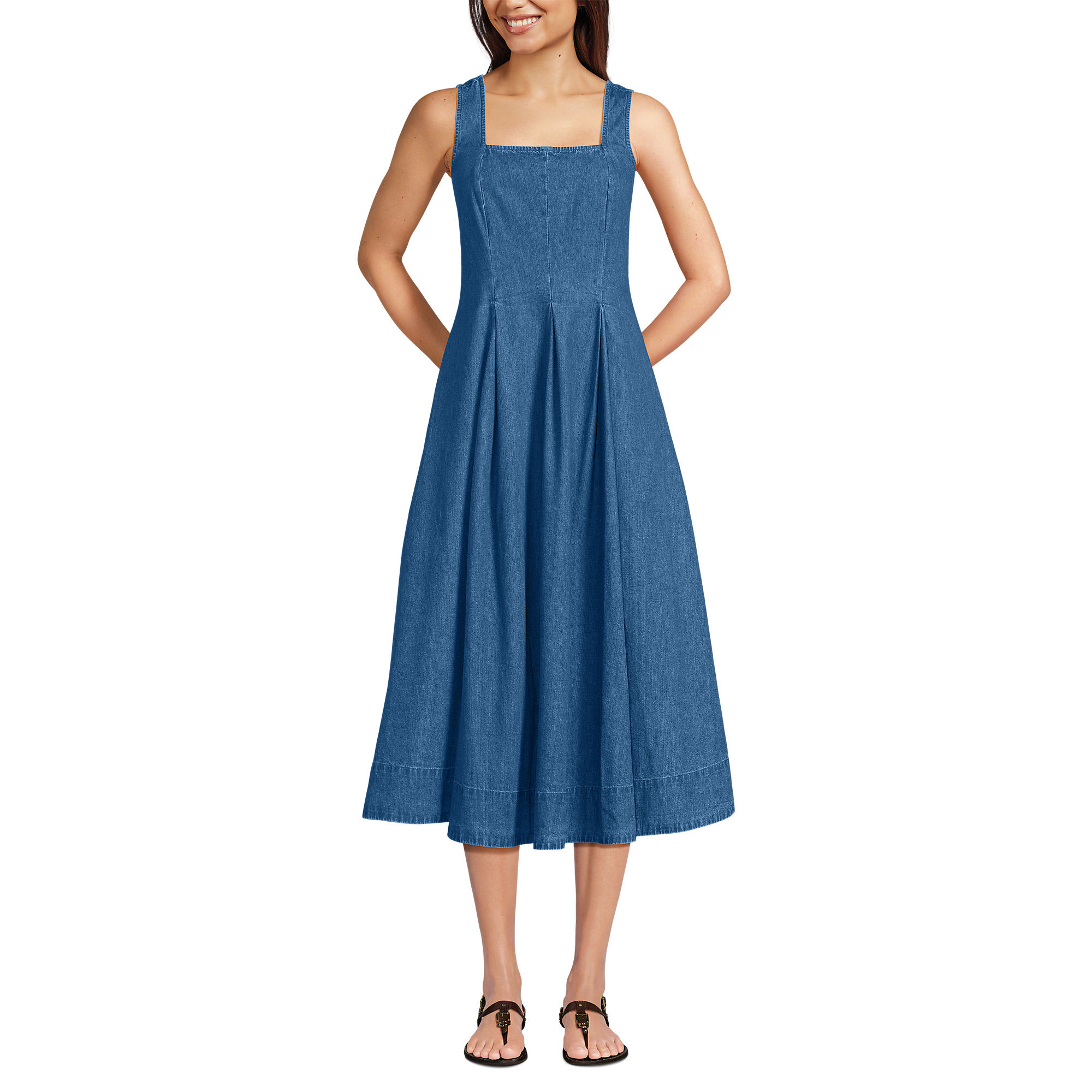 Women's Pleated Square Neck Light Weight Denim Midi Dress | Lands' End (US)