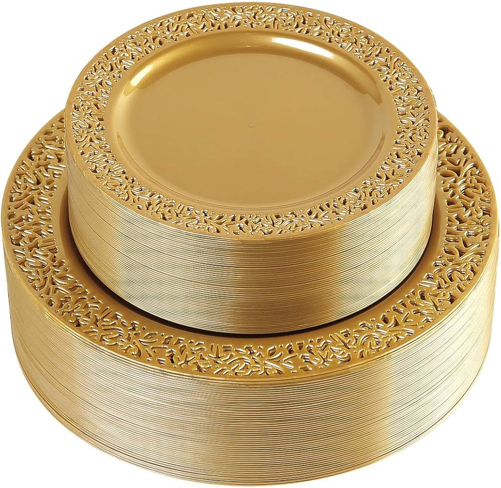 I00000 102 PCS Brown Gold Plastic Plates, Lace Design Disposable Plates, BPA Free Plates Includes... | Amazon (US)