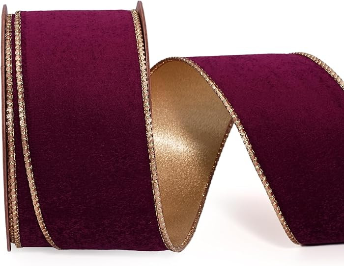 LaRibbons Burgundy Velvet Ribbon Wired 2.5 Inch x 10 Yards, Burgundy and Gold for Christmas Tree,... | Amazon (US)