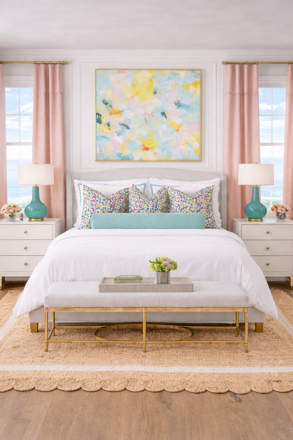 colorful bedroom decor, playful coastal bedroom, abstract wall art, pastel abstract painting, blue and yellow bedroom, pink curtain panels, polka dot pillows, patterned bedding, preppy coastal decor, palm beach style, beach house chic, feminine coastal bedroom, turquoise lamps, gold accents, brass hardware, chic nightstand styling, bedside table decor, layered white bedding, light and airy bedroom, ocean view bedroom, seaside home decor, scalloped jute rug, woven rug detail, symmetrical bedroom design, bright and happy home, resort style bedroom, glam coastal vibes, curated bedroom styling, sorority girl bedroom, dorm room inspiration, college apartment decor, preppy dorm decor, university of alabama style, bama dorm inspo, chic apartment bedroom, target home finds, amazon home favorites, pottery barn inspired, aesthetic bedroom inspo, cozy but colorful, elevated dorm room, southern style bedroom, home styling ideas 

 

#LTKU #LTKHome #LTKSaleAlert
