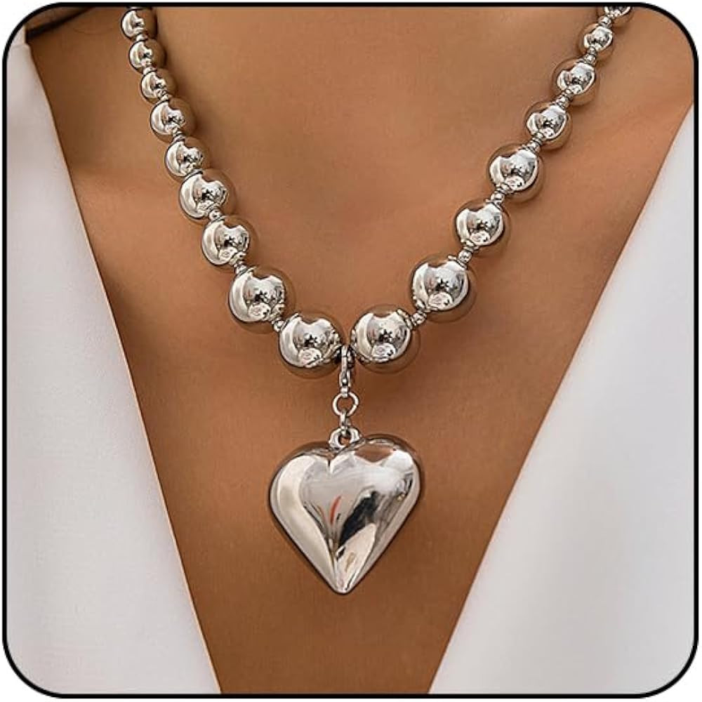 Gold Heart Chunky Necklaces for Women Silver Heart Necklace Big Pearl Choker Necklace Y2k Necklac... | Amazon (US)