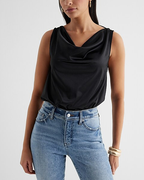 Skimming Satin Double Cowl Neck Sleeveless Bodysuit | Express