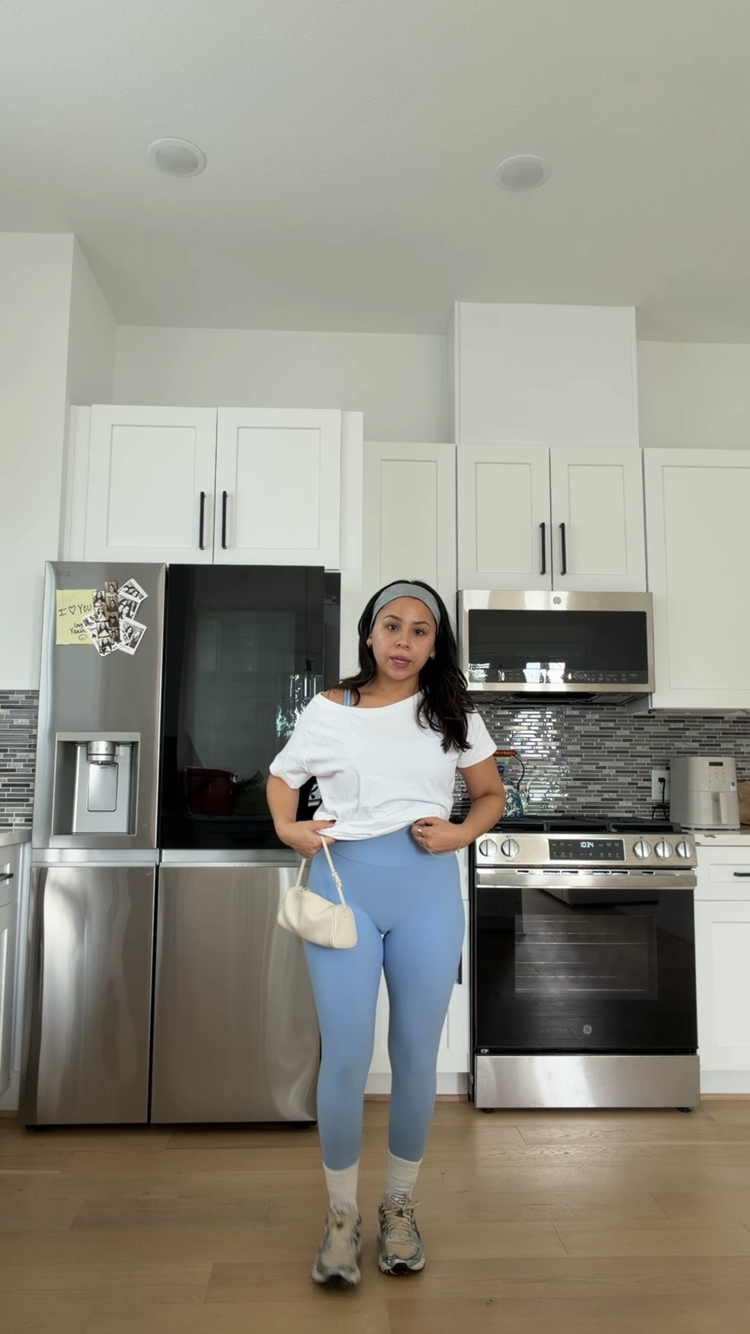 Leggings: small
Sports bra: small
Tee: small 
Sneakers: 6.5 women 
White ankle socks 
White bag 
Headband

#LTKootd #LTKmorningroutine #LTKActive