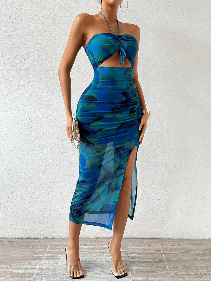 $12.32$15.39-20%SHEIN x Marika Sila Calvaya Women's Halter Neck Pleated Mesh Print Dress Maxi Wom... | SHEIN