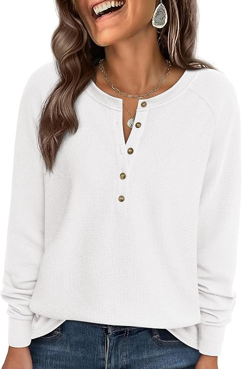 PRETTYGARDEN Women's Long Sleeve Waffle Knit Henley Shirts | Button Down Raglan Top, Loose Fit Co... | Amazon (US)
