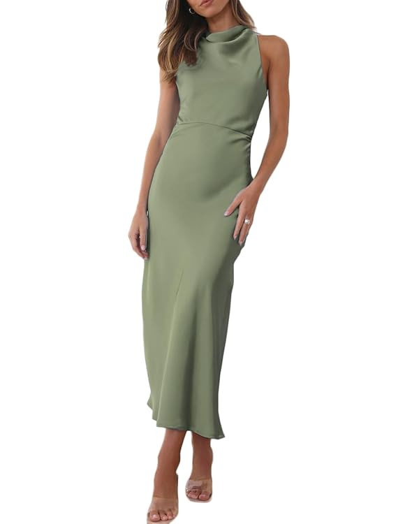 Halfisland Satin High Neck Backless Sleeveless Midi Dresses for Women Elegant Mock Neck High Wais... | Amazon (US)