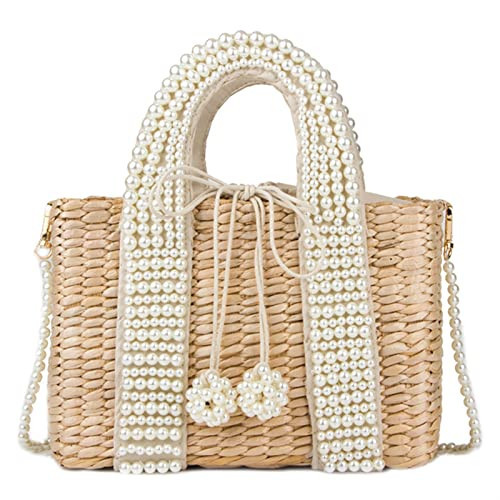 Pearl Rattan Women Handbags Beading Wicker Woven Shoulder Bags Luxury Summer Beach Straw Bag Large Tote Baskets | Amazon (US)
