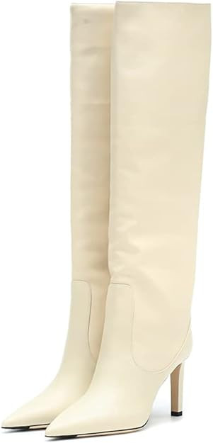 Goolita Women's Knee High Stiletto Heel Boots Pointed Toe Wide Calf Crocodile Texture Pull-on Boo... | Amazon (US)