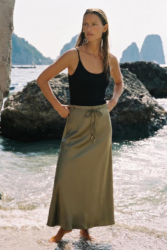 Zara - Satin Belted Midi Skirt - Dark Olive - Xl - Woman | Zara US