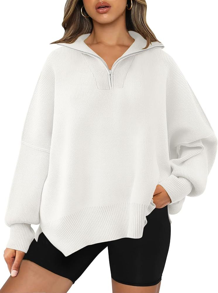 EFAN Women's Oversized Quarter Zip Pullover 2023 Fall Long Sleeve Collar Split Hem Slouchy Sweats... | Amazon (US)
