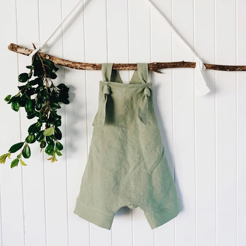 Linen Romper Green Baby Shower Gift Boy Sage Green Crisp Adjustable Straps Unisex Linen Outfit Li... | Etsy (US)