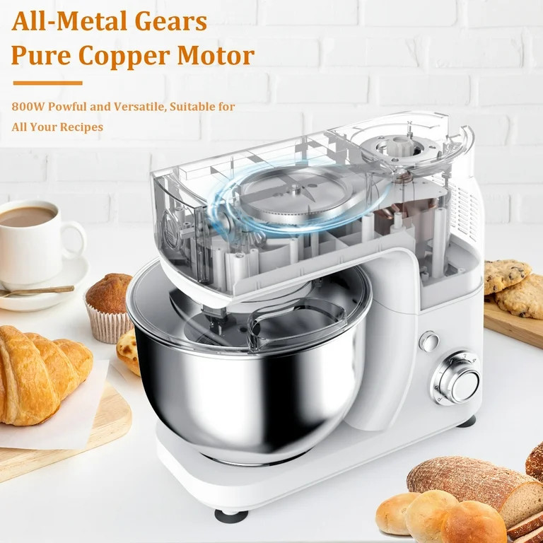LINKChef Stand Mixer, 5.3QT 800W 6+P Speeds with Whisk, Dough Hook and Beater (White) | Walmart (US)