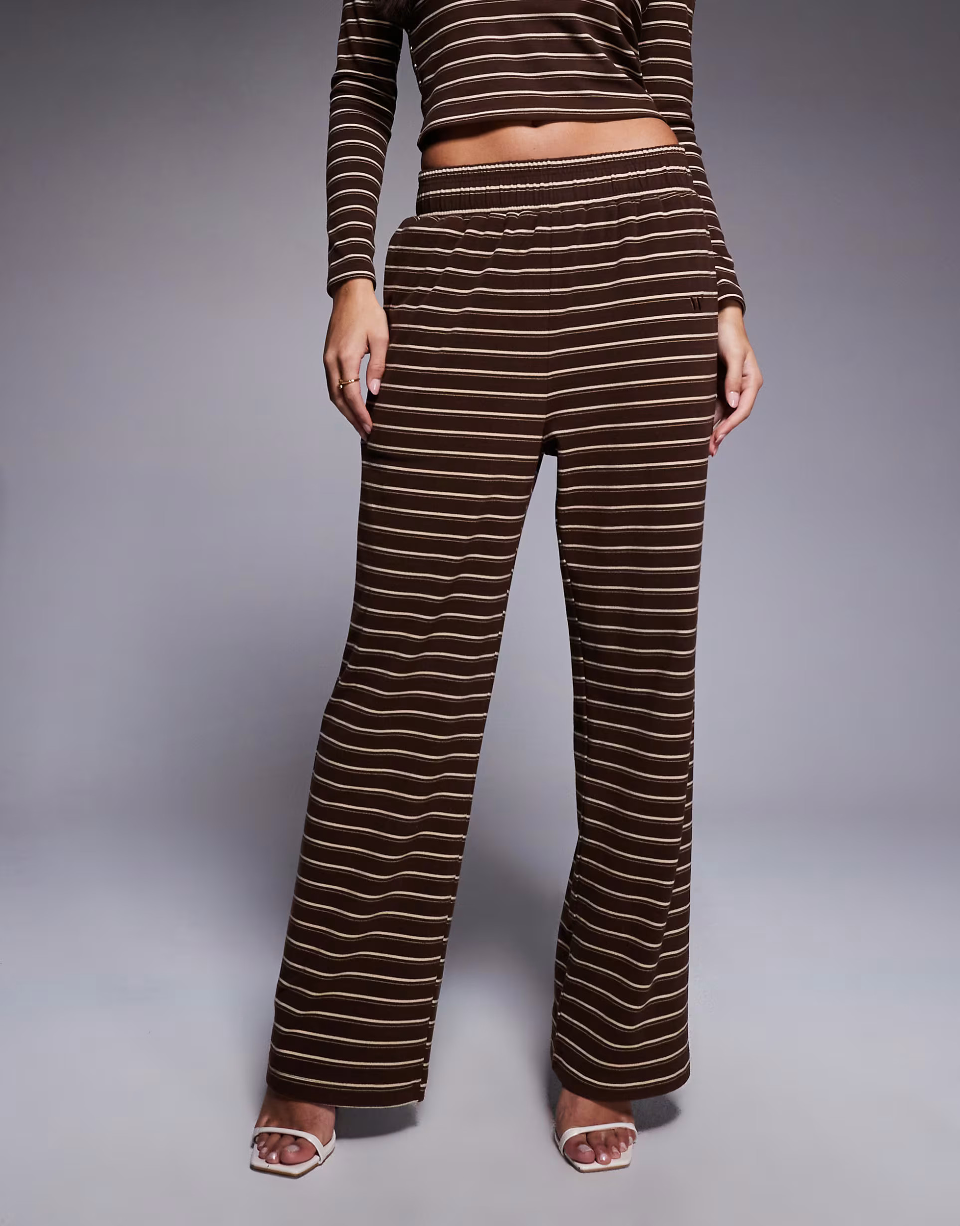 Wanderdoll Frankie premium heavyweight jersey wide leg trousers co-ord in brown stripe | ASOS (Global)