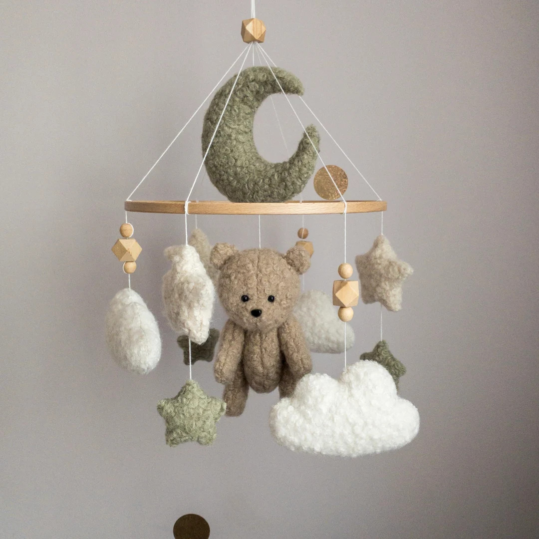 Teddy Bear Nursery Mobile Boucle Cloud Mobile Green Boucle Crib Mobile Bear Hanging Mobile Baby S... | Etsy (US)