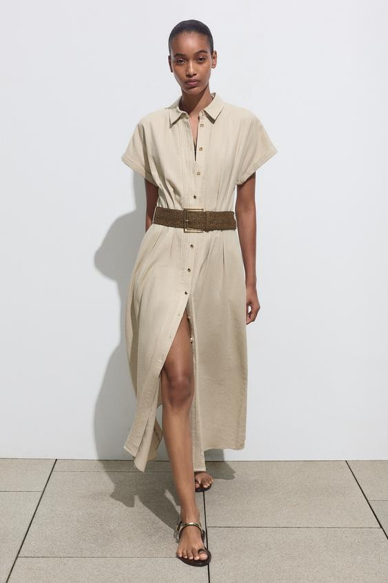 LINEN BLEND MIDI DRESS WITH BELT | Zara UK