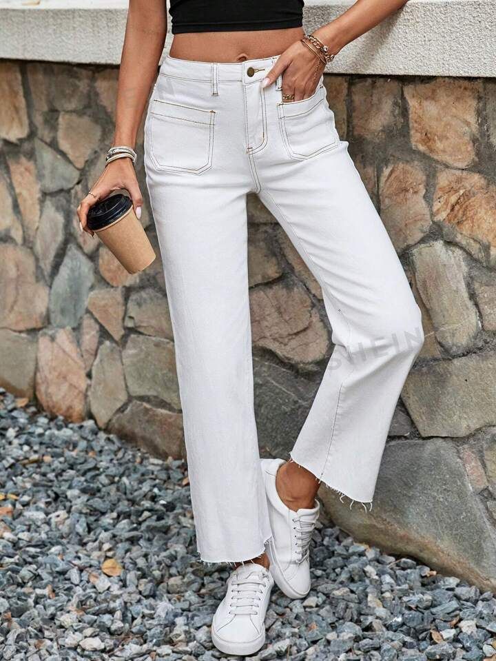 SHEIN Frenchy Women's White Raw Edge Straight Leg Jeans, Summer White Essentials, Casual Style, E... | SHEIN