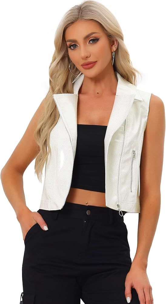 Allegra K Women's Metallic Faux Leather Vest Lapel Collar Zip Halloween Sleeveless Cropped Jacket | Amazon (US)