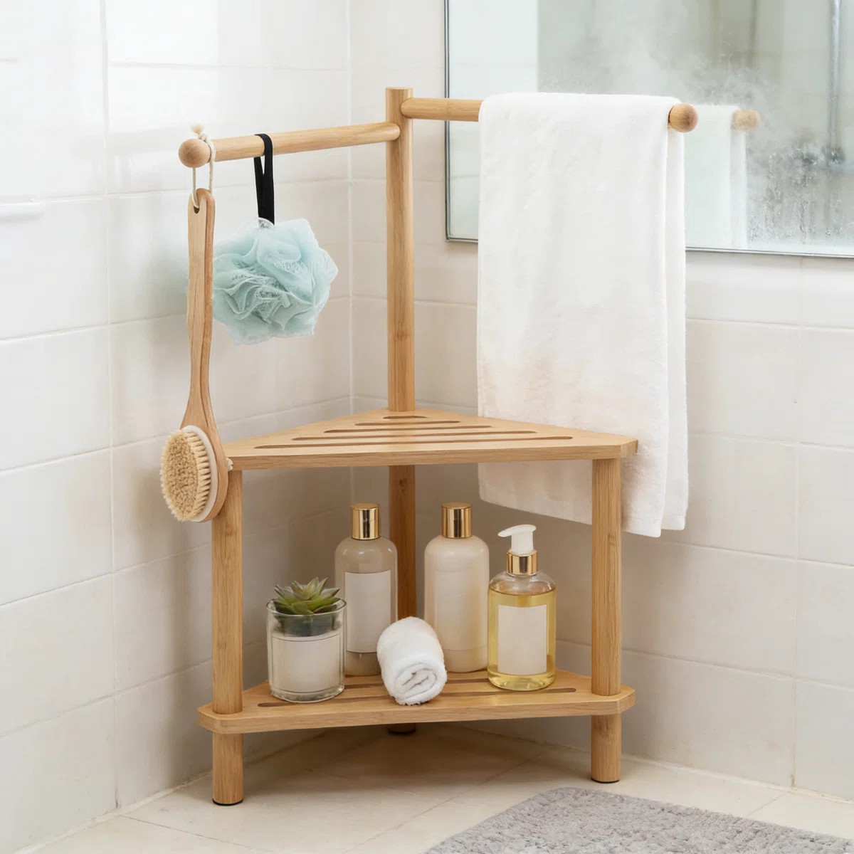 2-Tier Bamboo Shower Stool & Foot Rest With Towel Bar | 17X31" Corner Bench For Small Bathrooms, ... | Wayfair North America