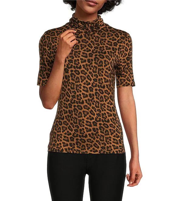 MICHAEL Michael Kors Leopard Print Knit Jersey Short Sleeve Turtleneck Top | Dillards