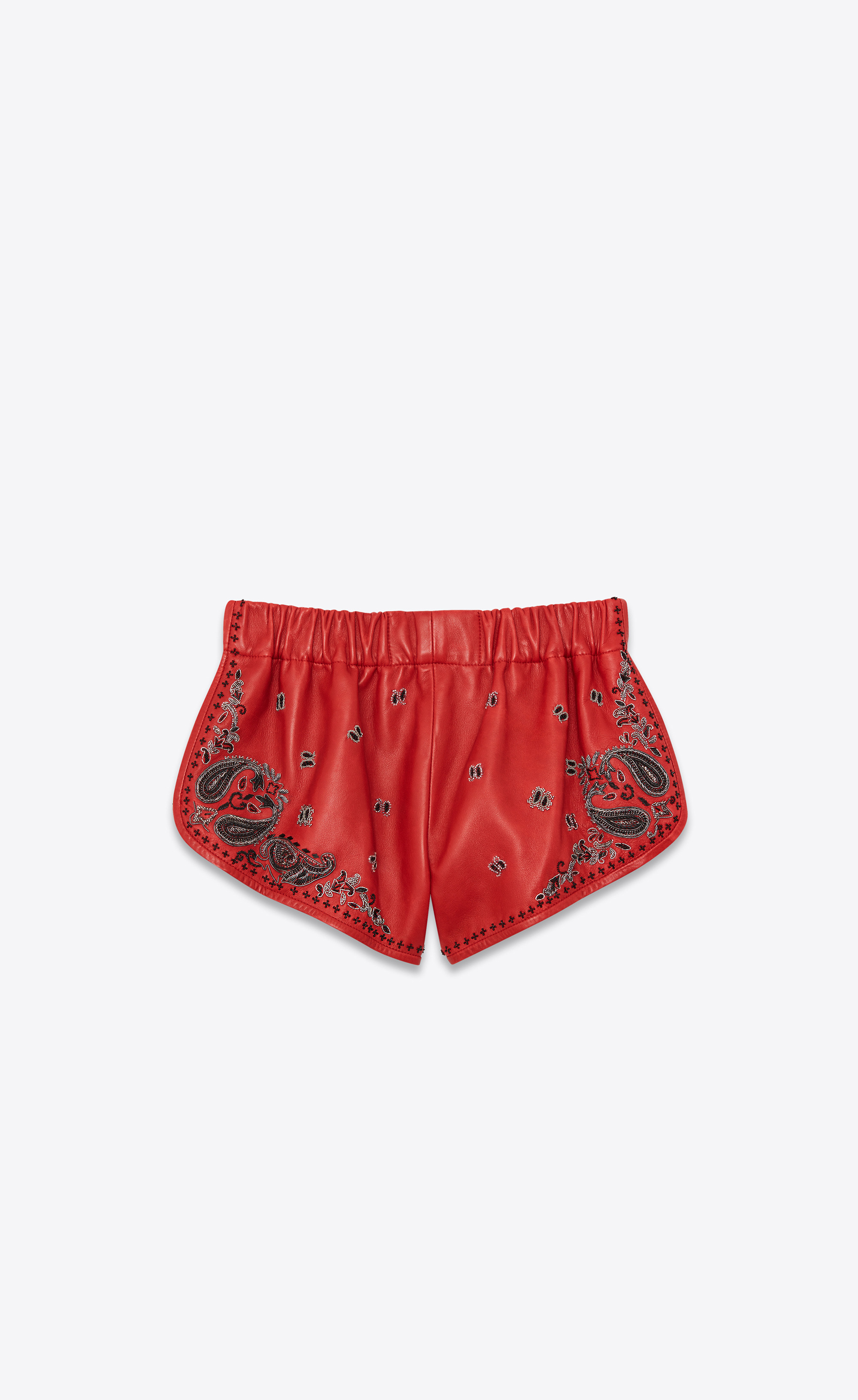 Leather Short Pants Shorts In Dipped Lambskin With Bandana Embroidery Carmine Red 2 | Saint Laurent Inc. (Global)