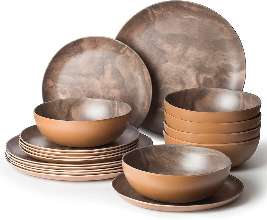 18PCS Olive Wood Melamine Dinnerware Sets for 6, Plates and Bowls Sets (Olive Wood) | Amazon (US)