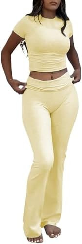 ZFLM Casual Workout Two Piece Outfits for Women Short Sleeve Crop High Waist Foldover Flare Pants... | Amazon (US)