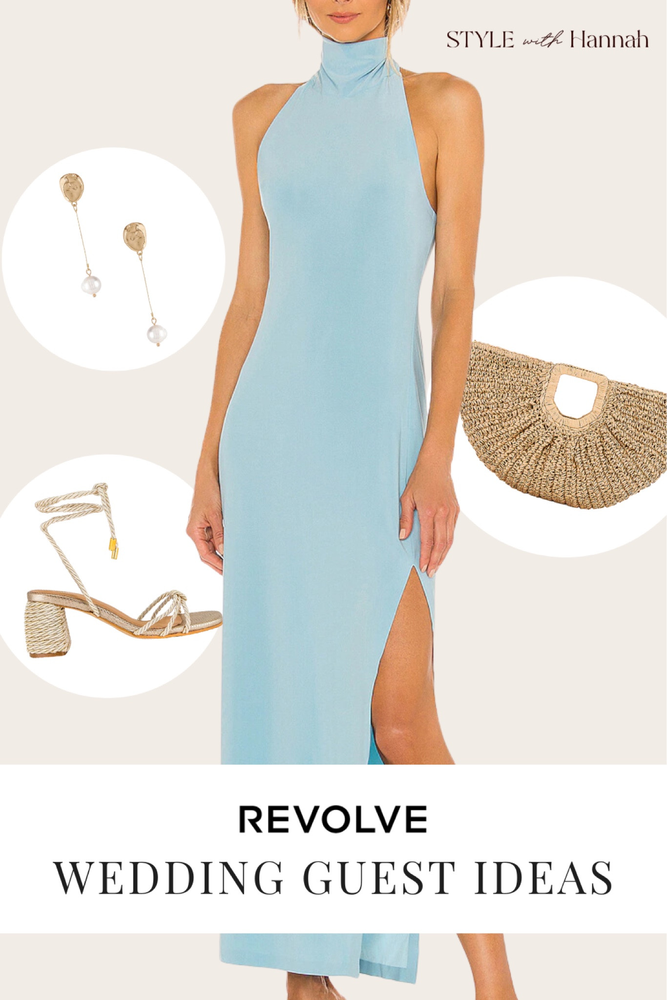 Wedding guest outfit fit for a beach or destination wedding 🐬 this high neck light blue maxi dress is giving aquamarine vibes. paired with a woven clutch and wrap heeled sandals. ☀️ summer or spring wedding guest dress idea! 

#LTKparties #LTKshoecrush #LTKwedding