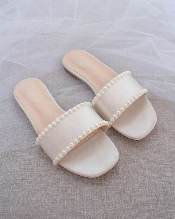 Ivory Satin Slip on Sandals with PEARLS, Bridal Sandals, Bridesmaids Sandals, Wedding Sandals | Etsy (US)