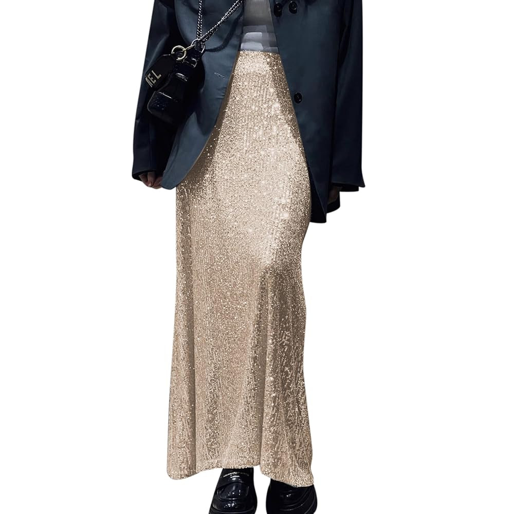 Women's Shiny Sparkly Sequin Maxi Skirt Sexy Glitter High Waist Stretchy Long Skirts Night Out Bo... | Amazon (US)