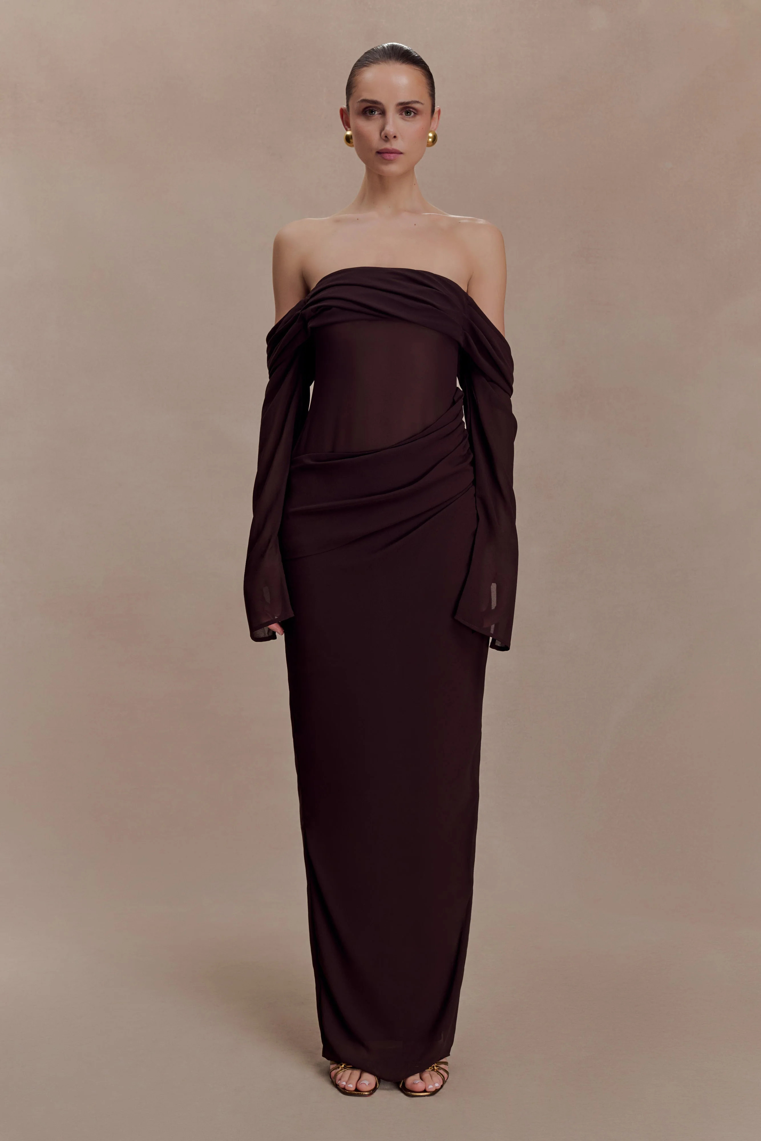 Kirsten Off Shoulder Chiffon Maxi Dress - Cacao Brown | Meshki UK