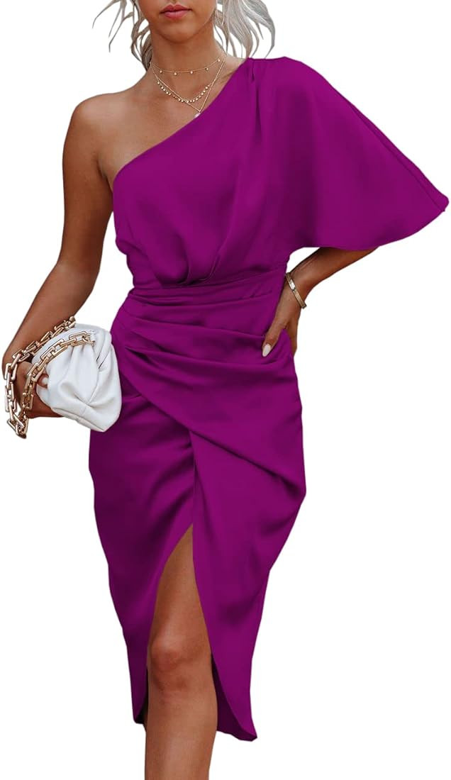 Heltapy Women's One Off Shoulder Satin Drape Dress Batwing Sleeve Bodycon Sexy Club Party Midi Dress | Amazon (US)