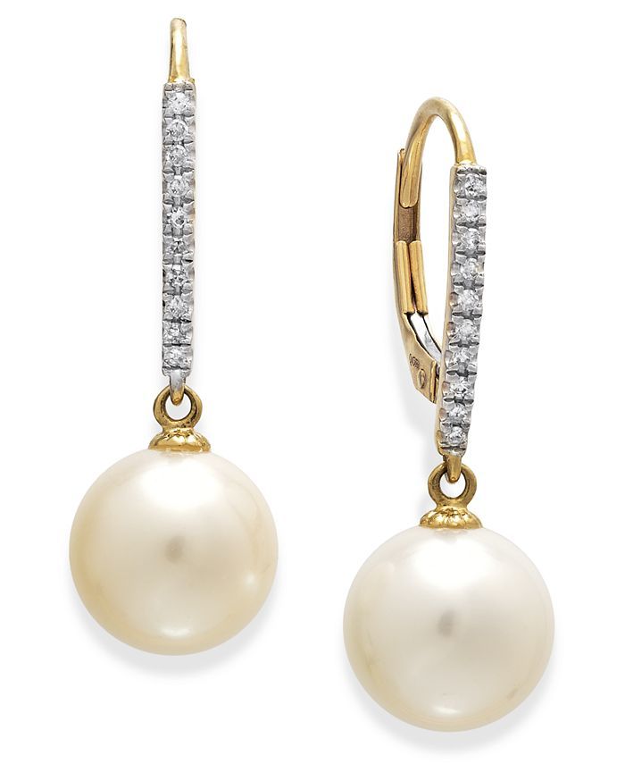 Macy's Cultured Freshwater Pearl (10mm) and Diamond (1/10 ct.t.w) Leverback Earrings in 14k White... | Macys (US)