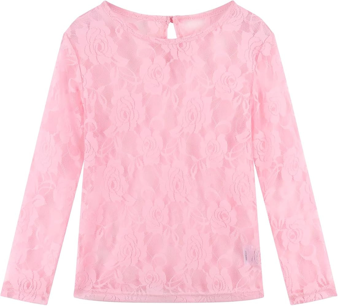 Noomelfish Girls Lace Long Sleeve Layering Tops Sheer Mesh Tee Shirts Blouse (5-12 Years) | Amazon (US)