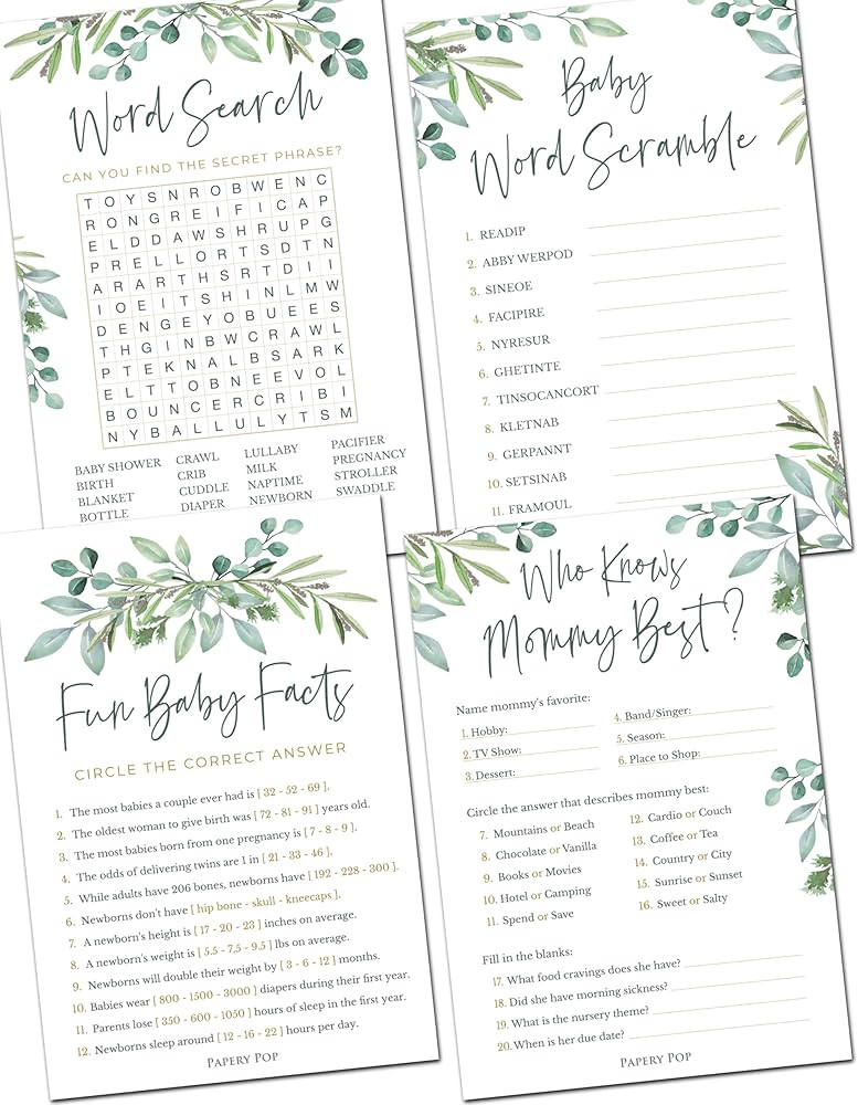 Papery Pop Baby Shower Games - Set of 4 Games for 25 Guests - Double Sided Cards - Eucalyptus | Amazon (US)