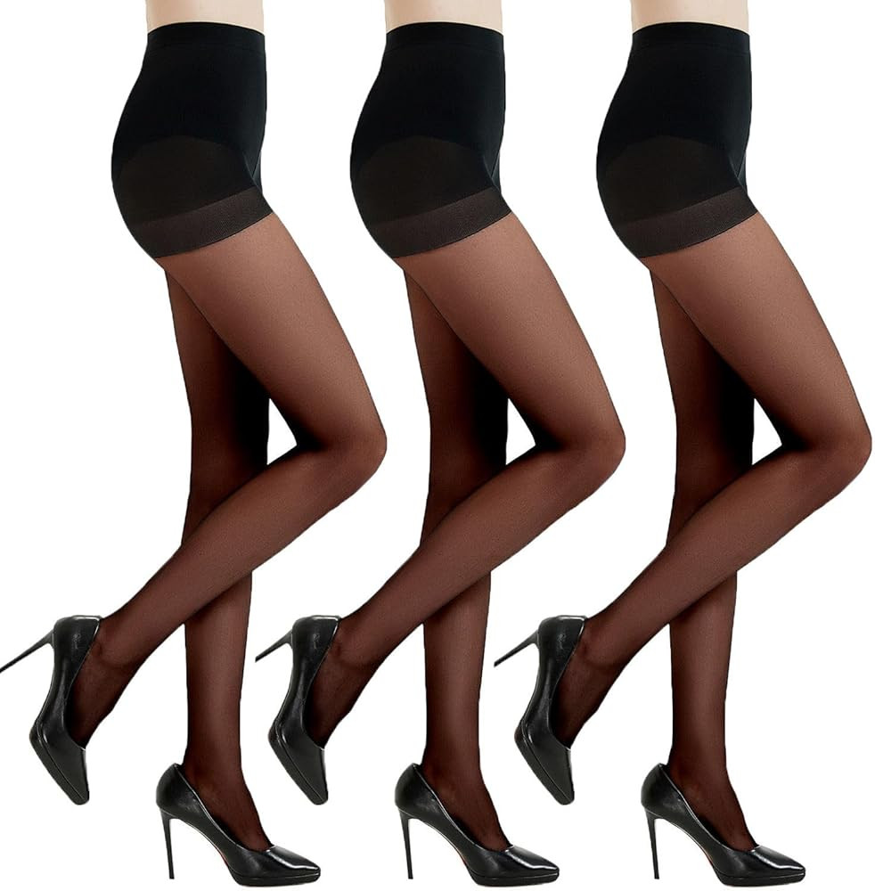 3 Pairs Women's Sheer Tights - 20D Balck Tights Non Rip Control Top Pantyhose for Reinforced Toes | Amazon (US)