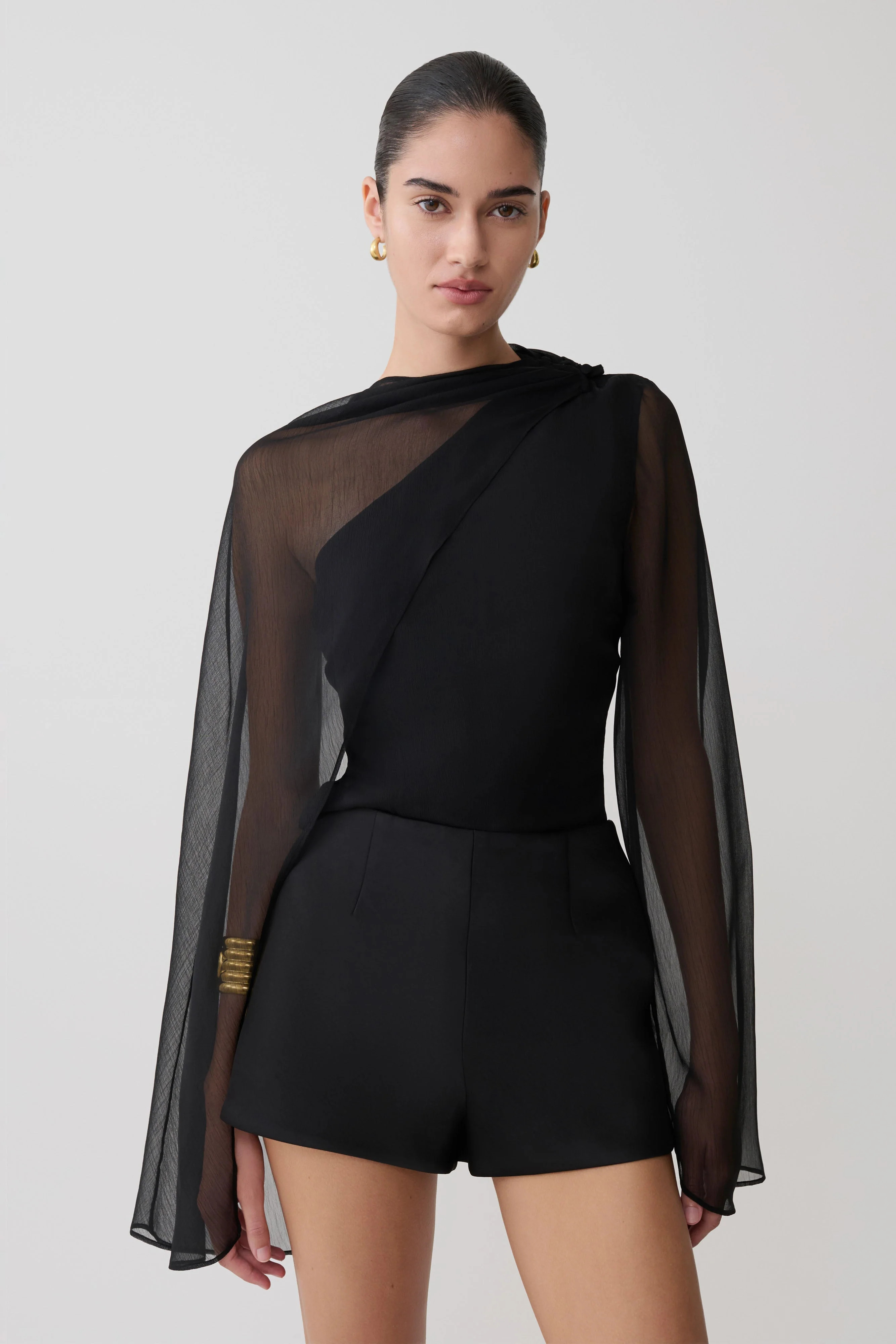 Ida Sheer Asymmetrical Long Sleeve Cape - Black | Meshki UK